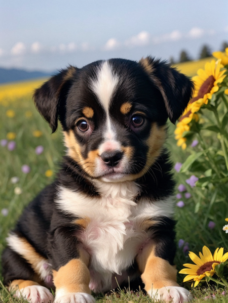 26072134-1709831004-a photo of a cute little puppy surrounded by beautiful flowers in a meadow, extremely detailed fur,(close up_1.1).png